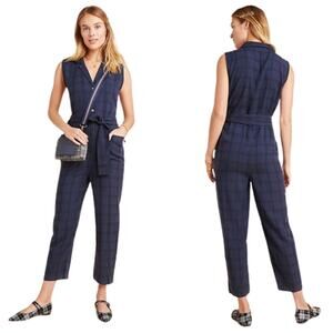 NWT Anthropologie Brielle Blue Plaid Sleeveless Jumpsuit Belted Blue Women's M